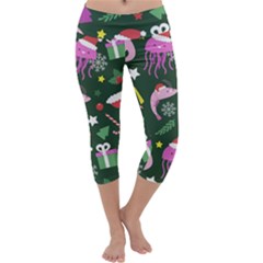 Dinosaur Colorful Funny Christmas Pattern Capri Yoga Leggings by Ket1n9