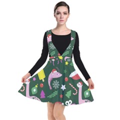 Dinosaur Colorful Funny Christmas Pattern Plunge Pinafore Dress by Ket1n9