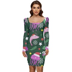 Dinosaur Colorful Funny Christmas Pattern Women Long Sleeve Ruched Stretch Jersey Dress by Ket1n9