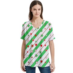 Christmas Paper Stars Pattern Texture Background Colorful Colors Seamless V-neck Split Shoulder Casual T-shirt by Ket1n9