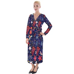 Festive Floral Pattern Christmas Blue Floral Flower Foliage Leaves Pattern Red Snow Winter Velvet Maxi Wrap Dress by Maspions