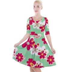 Retro 1960s Flowers Pattern Quarter Sleeve A-line Dress With Pockets by violetheavensky