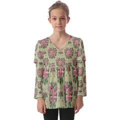 Retro 1880s Flowers Pattern 9 Kids  V Neck Casual Top by violetheavensky