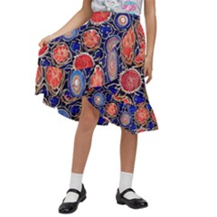 Retro Geometric Shapes And Flowers 3 Kids  Ruffle Flared Wrap Midi Skirt by violetheavensky