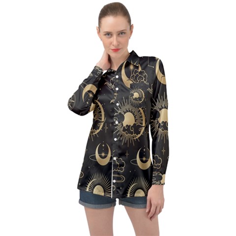 Asian Seamless Pattern With Clouds Moon Sun Stars Vector Collection Oriental Chinese Japanese Korean Long Sleeve Satin Shirt by Grandong