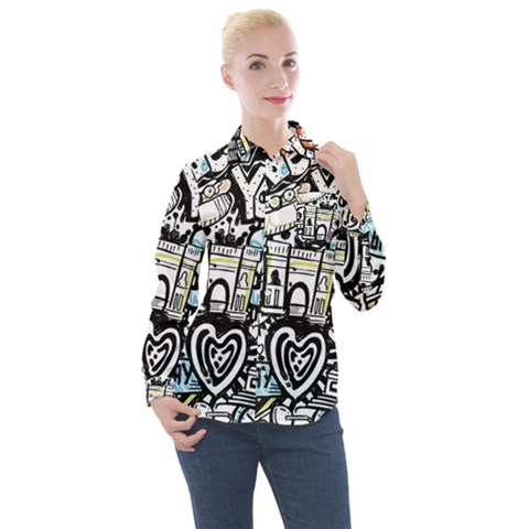 New York City Nyc Broadway Doodle Art Women s Long Sleeve Pocket Shirt by Grandong