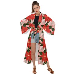 Poinsettia Pattern Seamless Pattern Christmas Xmas Maxi Kimono by Paksenen