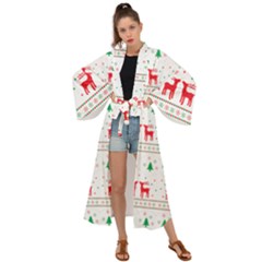 Red Green And Blue Christmas Themed Illustration Maxi Kimono by Paksenen