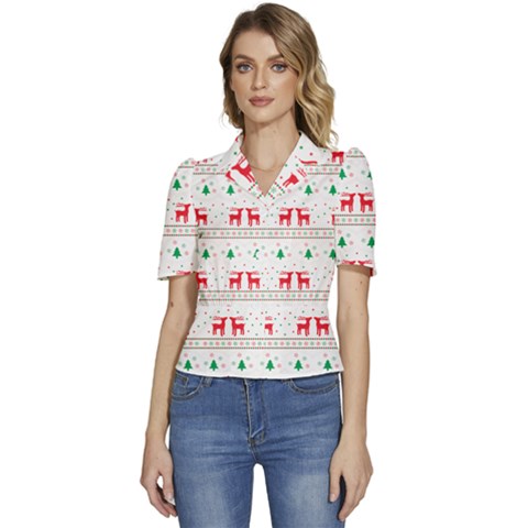 Red Green And Blue Christmas Themed Illustration Puffed Short Sleeve Button Up Jacket by Paksenen