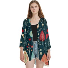 Christmas Tree Pattern Open Front 3/4 Sleeve Batwing Chiffon Cardigan Kimono by Paksenen