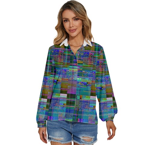 Glitch Chaos Print Women s Long Sleeve Button Up Shirt by dflcprintsclothing