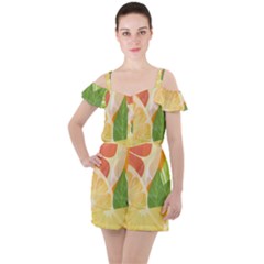 Citrus Fruit Healthy Vitamin Ruffle Cut Out Chiffon Playsuit by Paksenen