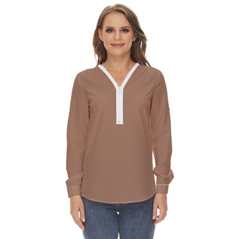 Mocha Mousse Hex Code #a47864 Zip Up Long Sleeve Blouse by dressshop