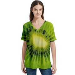 Kiwi Fruits, Close-up, Exotic Fruit V-neck Split Shoulder Casual T-shirt by kyorashop23