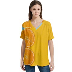 Orange, Slices, Fruit, Citrus V-neck Split Shoulder Casual T-shirt by kyorashop23