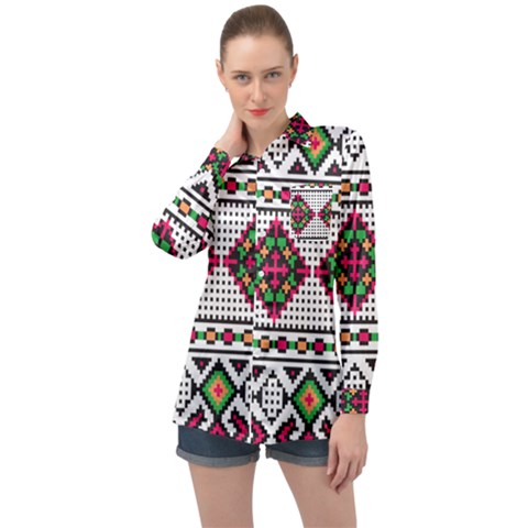 Ukrainian Folk Seamless Pattern Ethnic Ornament Border Element Traditional Long Sleeve Satin Shirt by Grandong