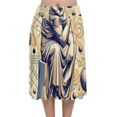 Thinker Sculpture Design Geometric Velvet Flared Midi Skirt by Salmanaz77