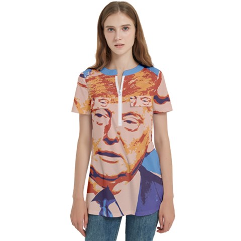 Orange Donald Trump Women s Zip Front V-neck Short Sleeve Casual Top Pocket Shirt by vintagetrump