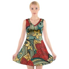 Pattern Shape Colorful Flower Leaves V-neck Sleeveless Dress by Posterlux