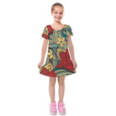 Pattern Shape Colorful Flower Leaves Kids  Short Sleeve Velvet Dress by Posterlux