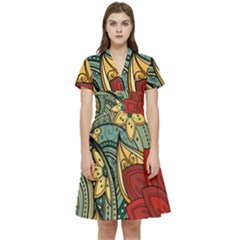 Pattern Shape Colorful Flower Leaves Short Sleeve Waist Detail Dress by Posterlux