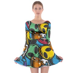 Funky Alien Pattern Abstract Colourful Drawing Long Sleeve Skater Dress by Posterlux