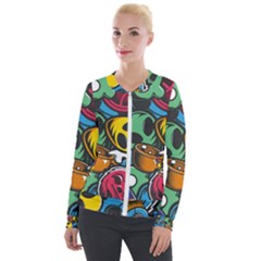 Funky Alien Pattern Abstract Colourful Drawing Velvet Zip Up Jacket by Posterlux