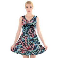 Leaves Pattern Patterns Colorful V-neck Sleeveless Dress by Posterlux