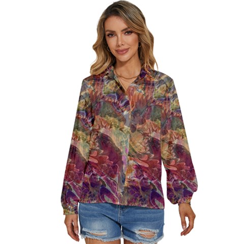 Blended Symmetry Women s Long Sleeve Button Up Shirt by kaleidomarblingart