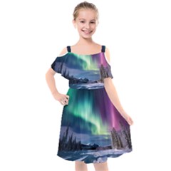 Northern Lights Aurora Night Nature Kids  Cut Out Shoulders Chiffon Dress by Posterlux