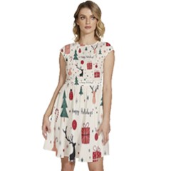 Happy Holiday Xmas Christmas Pattern Cap Sleeve High Waist Dress by Paksenen