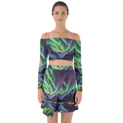 Lake Mountains Aorora Northern Lights Snow Off Shoulder Top With Skirt Set by Paksenen