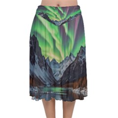 Lake Mountains Aorora Northern Lights Snow Velvet Flared Midi Skirt by Paksenen