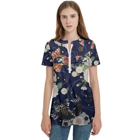 Japanese Wave Koi Illustration Pattern Women s Zip Front V-neck Short Sleeve Casual Top Pocket Shirt by Ndabl3x