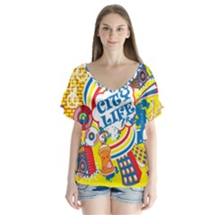 Colorful City Life Horizontal Seamless Pattern Urban City V-neck Flutter Sleeve Top by Bedest