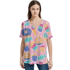 Ice Cream Donut Sweets Candie V-neck Split Shoulder Casual T-shirt by Apenda