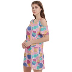 Ice Cream Donut Sweets Candie Women s Cold Shoulder Round Neck Mini Dress by Apenda