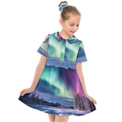 Northern Lights Aurora Night Nature Kids  Short Sleeve Shirt Dress by Posterlux