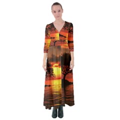 Sunset Nature Sea Dusk Landscape Button Up Maxi Dress by Salmanaz77