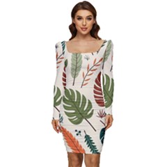 Leaves Autumn Women Long Sleeve Ruched Stretch Jersey Dress by Salmanaz77