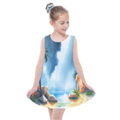 Delicate Watercolor Painting Surreal Oasis Scene With Intense Dramatic Lighting Kids  Summer Dress by pollyparadiseartshop