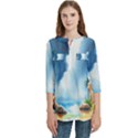 Delicate Watercolor Painting Surreal Oasis Scene With Intense Dramatic Lighting Women s Zip Front V-Neck 3/4 Sleeve Casual Top Pocket Shirt View1