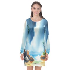 Delicate Watercolor Painting Surreal Oasis Scene With Intense Dramatic Lighting Long Sleeve Chiffon Shift Dress  by pollyparadiseartshop