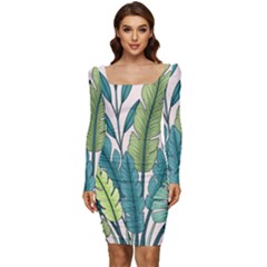 Illustrations Plants Nature Leaves Women Long Sleeve Ruched Stretch Jersey Dress by Salmanaz77