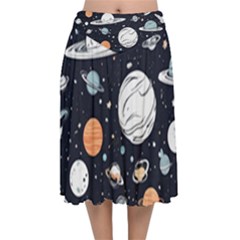 Space Galaxy Universe Stars Sky Velvet Flared Midi Skirt by Paksenen