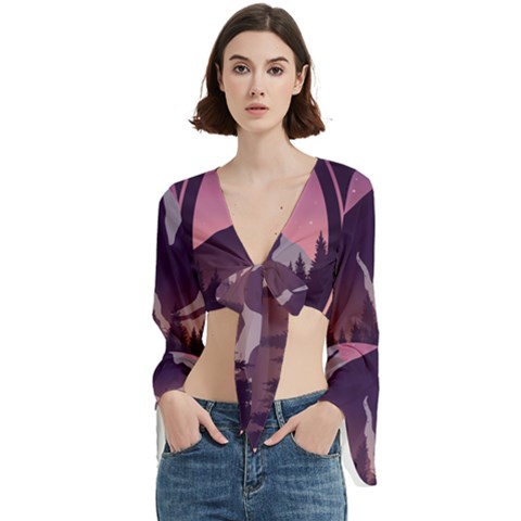 Mountain Night Crescent Moon Trumpet Sleeve Cropped Top by Bedest