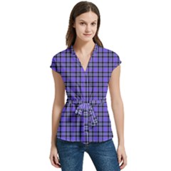 Blue Tartan Plaid 1 Women s Cap Sleeve Mandarin Collar Waist Tie Blouse by dressshop