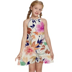 Abstract Floral Background Kids  Halter Collar Waist Tie Chiffon Dress by kyorashop23