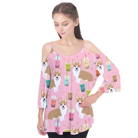 Corgi Bubble Boba Tea Pink Pattern Flutter Sleeve T-shirt by Salmanaz77