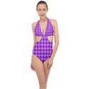 Purple Plaid Tartan 3 Halter Front Plunge Swimsuit View1